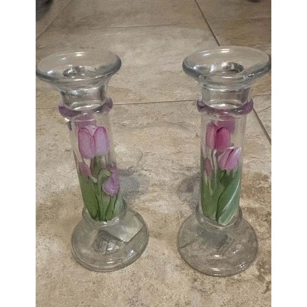 Christine Schreiber Forget-Me-Not Hand Painted Glass Candlesticks Tulips Pair